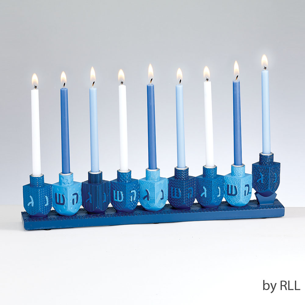 "Blue Dreidels" Hand-Painted Resin Menorah