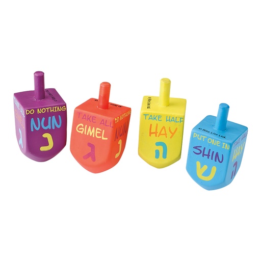 [DRL-69] 4 Lg Hand Painted Wood Dreidels with Rules of The Game