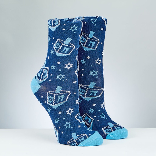[TYN-SOCK-A14] Chanukah Adult Crew Dreidels Socks, Metallic Accents