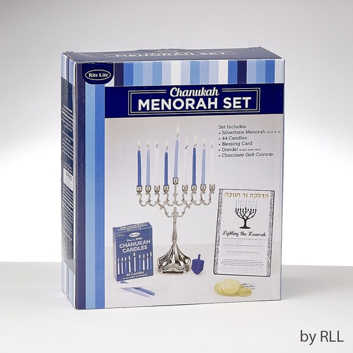 [MH-1-SET] Set Of Silvertone Menorah, Candles, Gelt, Dreidel