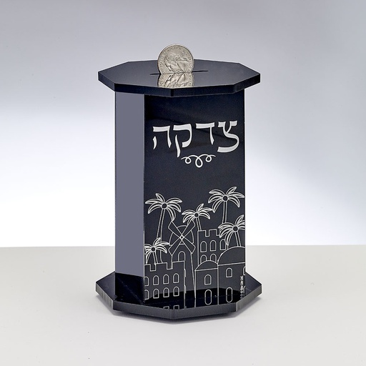 [TBL-1-BK] Black Acrylic Hexagon Tzedakah Box, Jerusalem Design