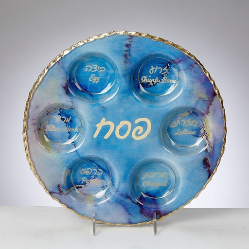 [PPGLA-1] "Blue Marble Design" Glass Round Seder Plate